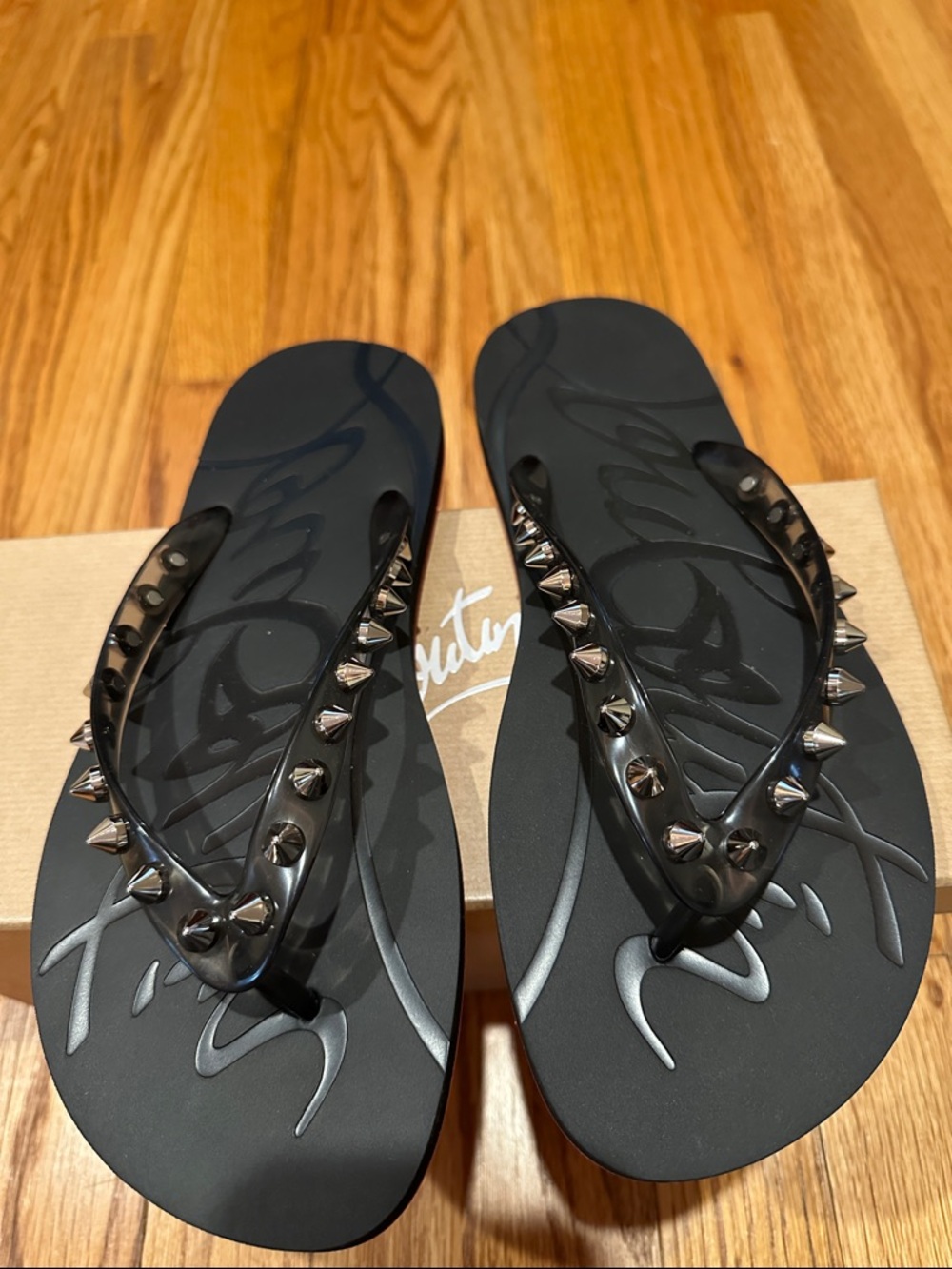 Christian Louboutin Loubi Black/ Smoke Studded Jelly Flip-Flops Size 39 NIB